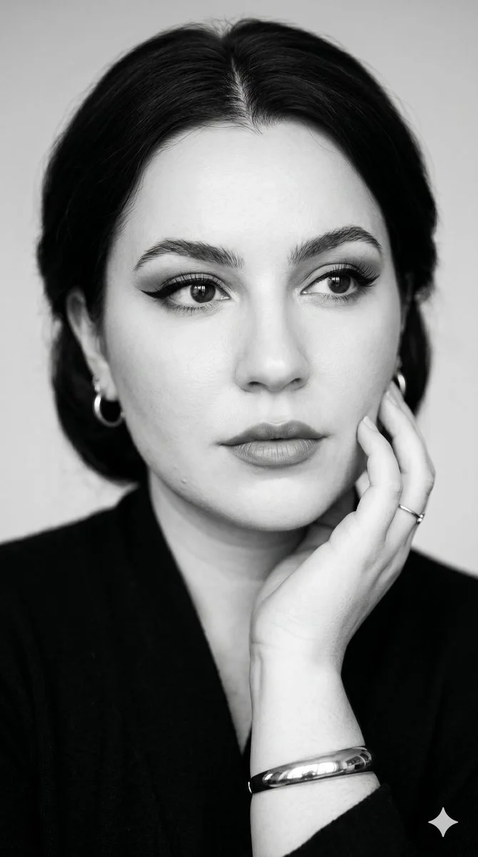 A graceful woman gazes softly aside in monochrome elegance