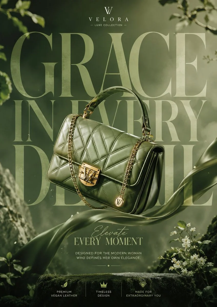 A green luxury handbag floats gracefully in a cinematic scene