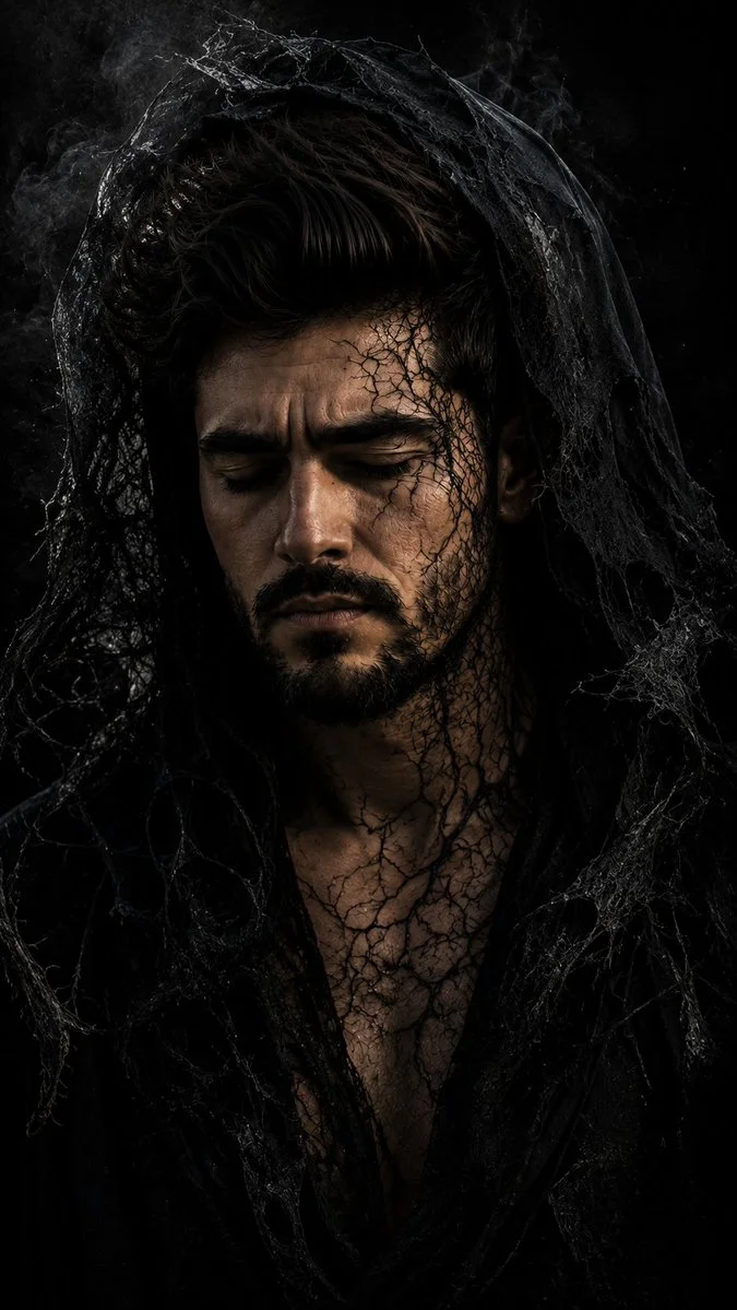 A grief-stricken man in tattered lace hood suppresses inner torment.