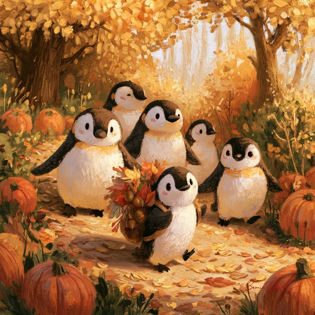 A group of penguins waddles through a golden autumn park scene.