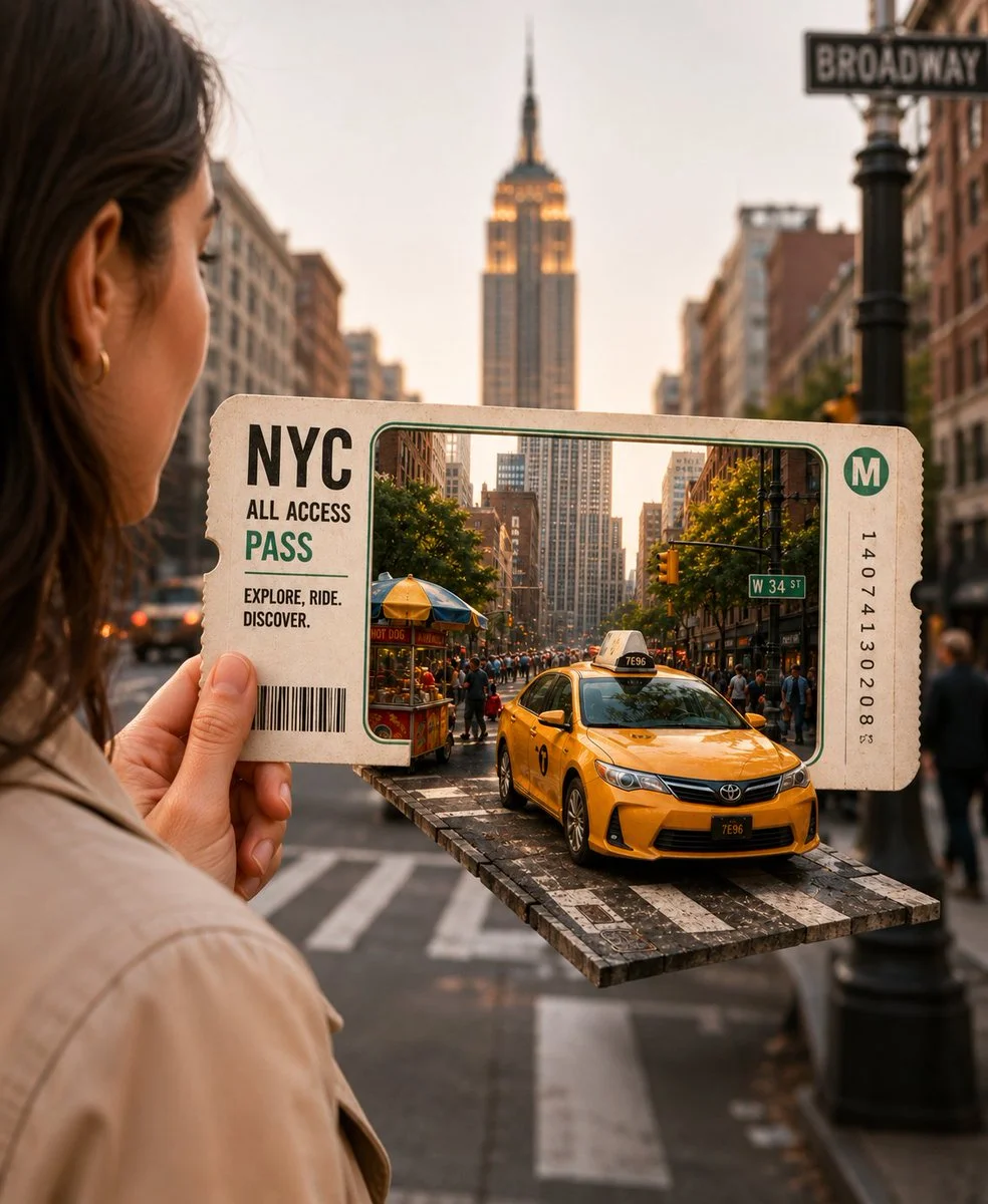 A hand holds a vintage ticket revealing a miniature NYC street scene.
