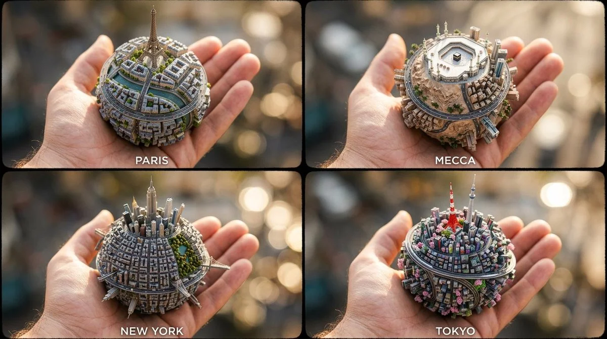 A hand holds four spherical cityscapes in a 2x2 grid.