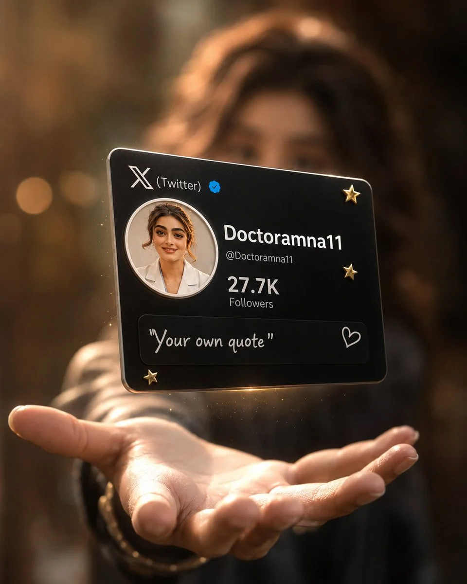 A hand offers a floating black profile card in dramatic lighting
