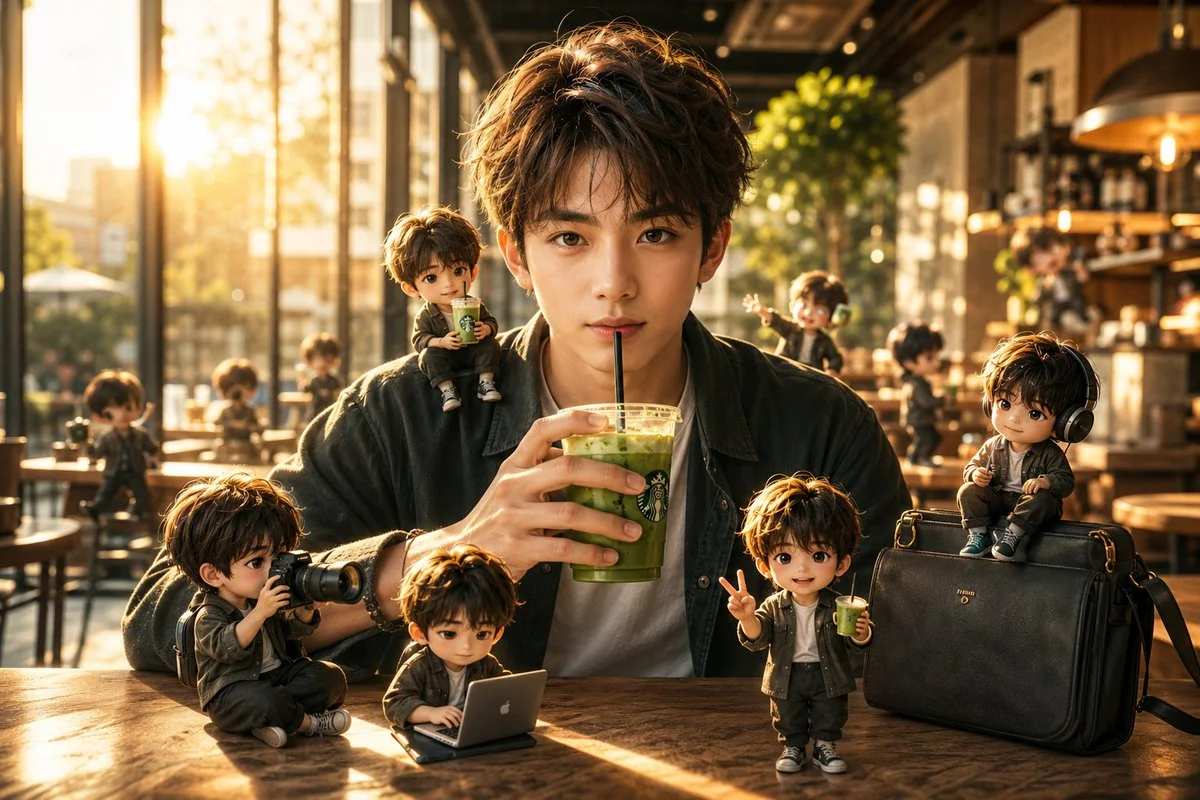 A handsome boy sits in a café surrounded by tiny chibi versions of himself.