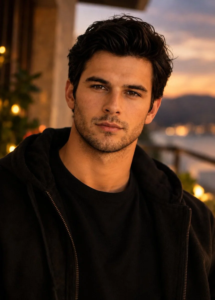 A handsome man in a black hoodie stands on a sunset terrace.