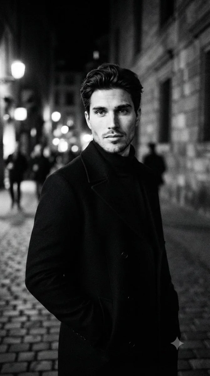 A handsome man in a black turtleneck poses on a rainy street at night.