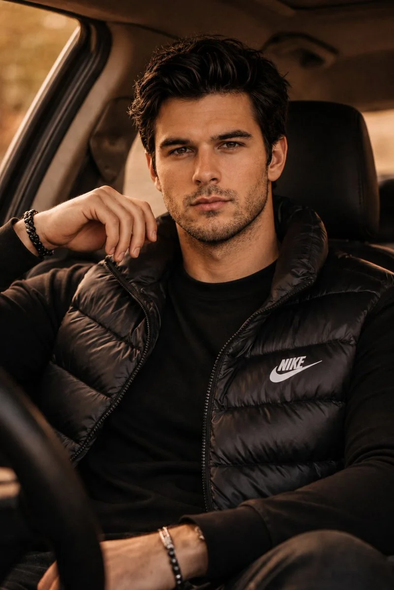A handsome man in a black vest sits in a luxury SUV