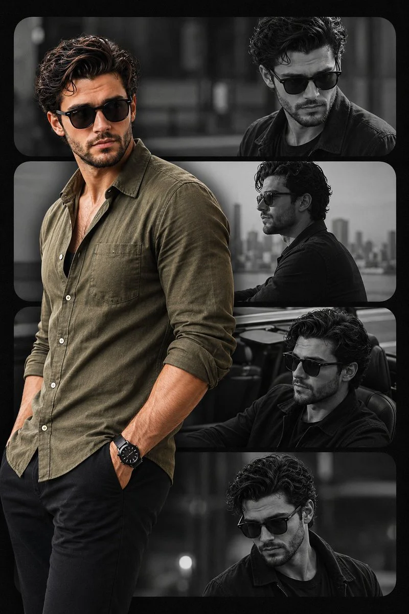 A handsome man in olive linen poses against moody city backdrop