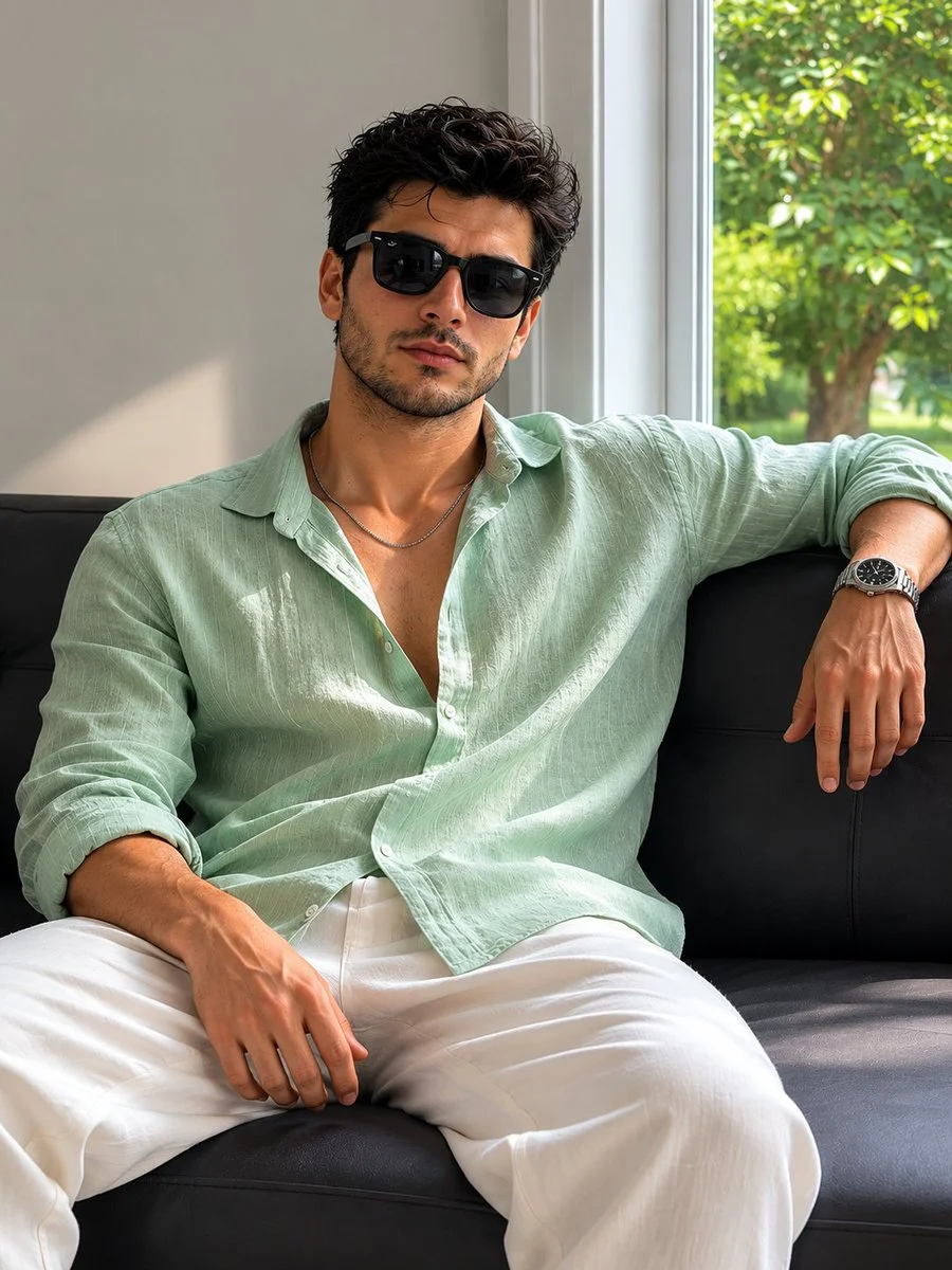 A handsome man in sage green linen relaxes on a black leather sofa