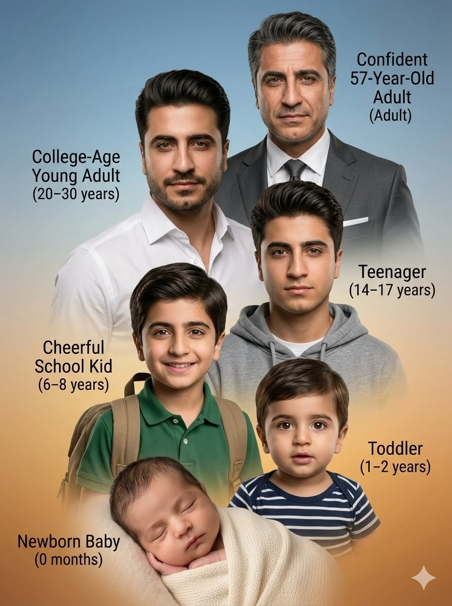 A handsome man progresses through six life stages in a vertical composite