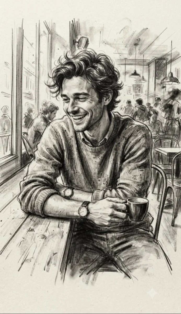 A handsome man smiles warmly in a charcoal cafe sketch