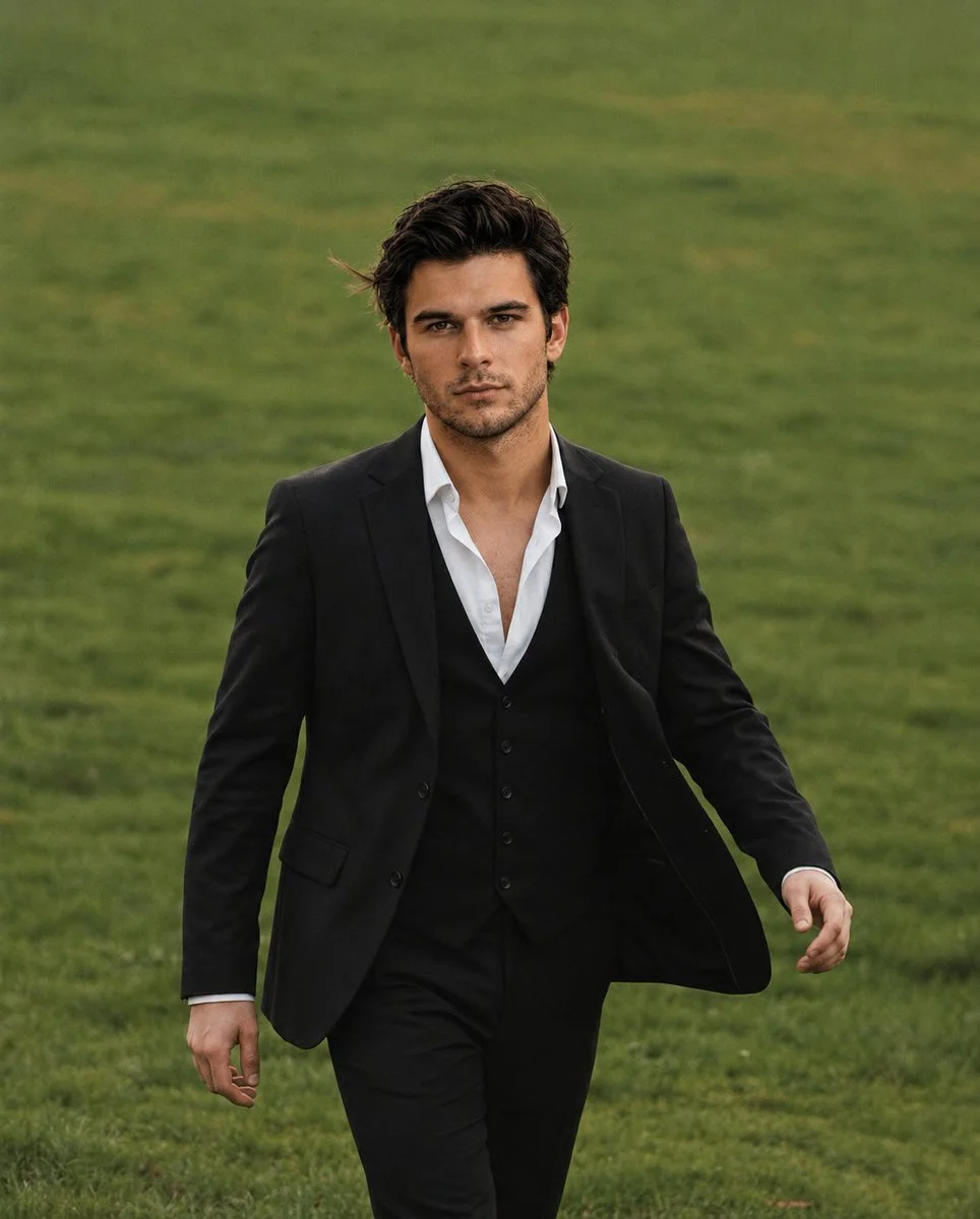 A handsome man strides through a golden field in a tailored black suit.
