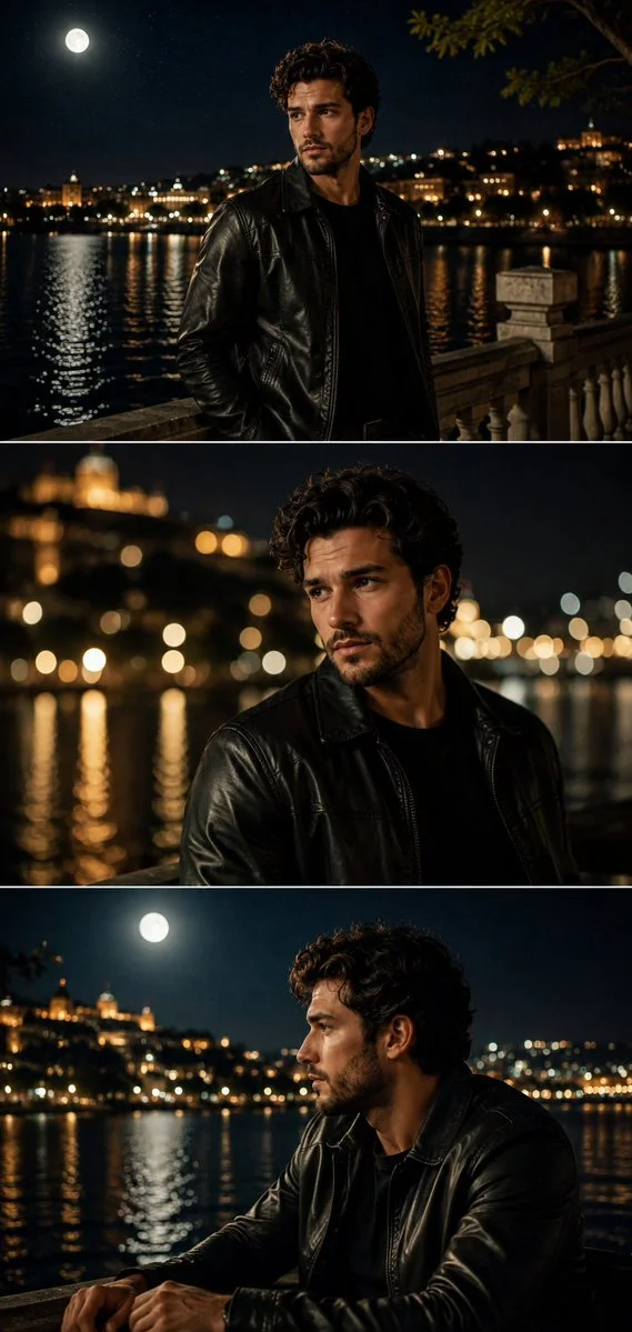 A handsome Mediterranean man gazes over a moonlit coastal city.