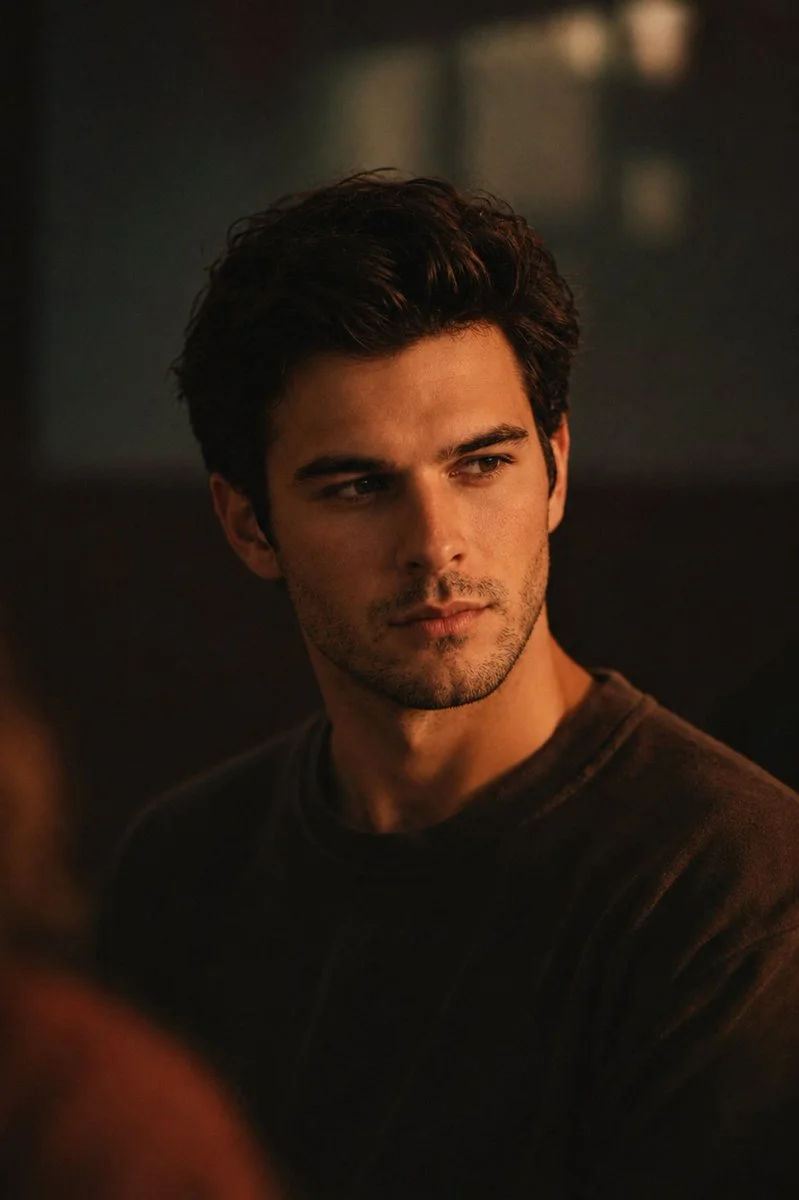 A handsome young man sits calmly in warm amber cinematic light