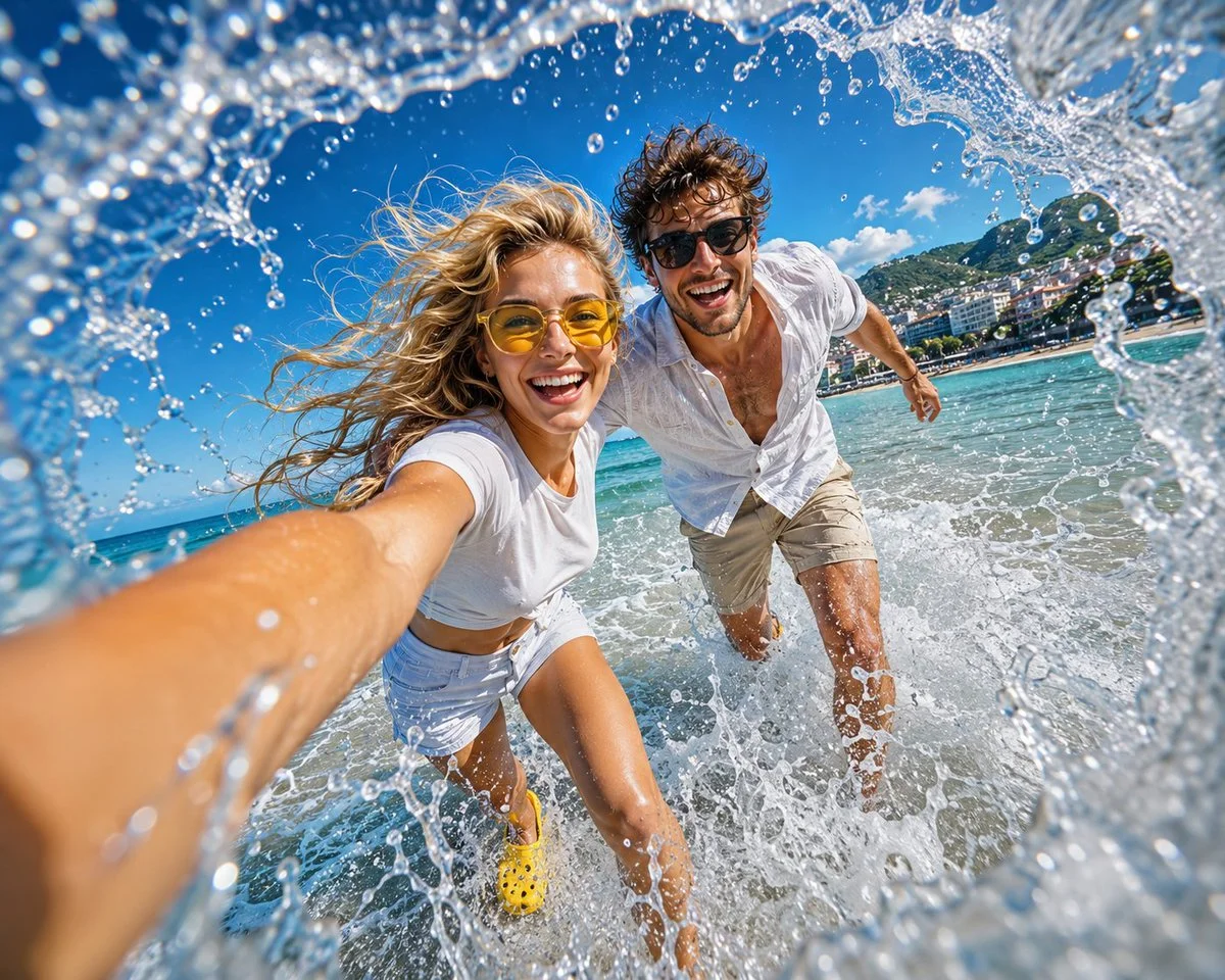 A happy couple runs through sparkling waves in a joyful selfie