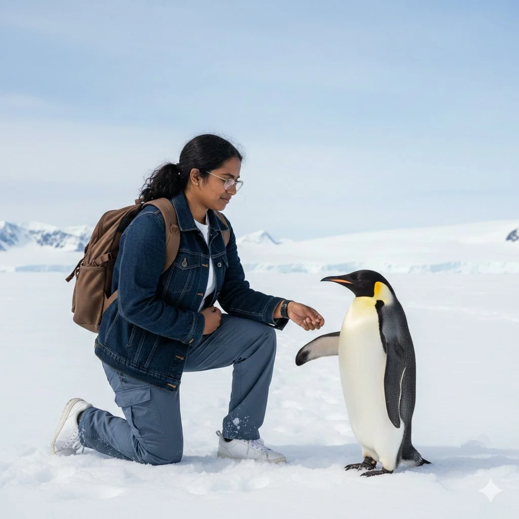 A Heartfelt Encounter: Woman and Penguin in the Polar Realm