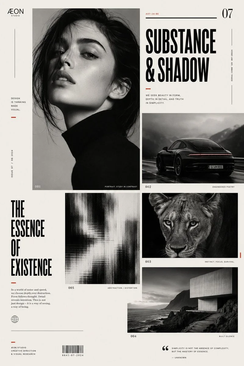 A high-contrast portrait anchors an asymmetrical modular grid layout