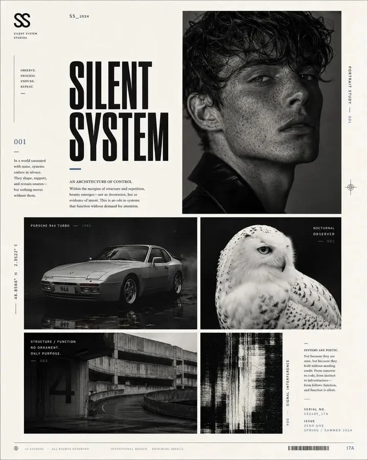 A high-contrast portrait anchors this avant-garde editorial grid