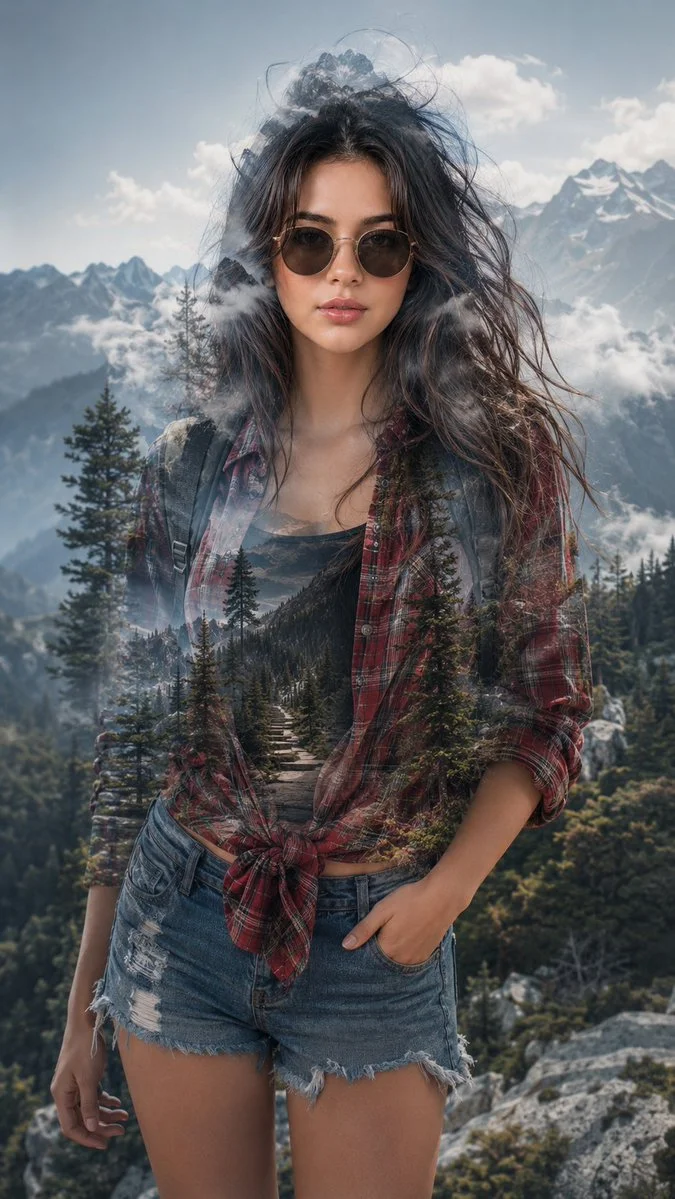 A hiker girl merges with misty mountains in double exposure