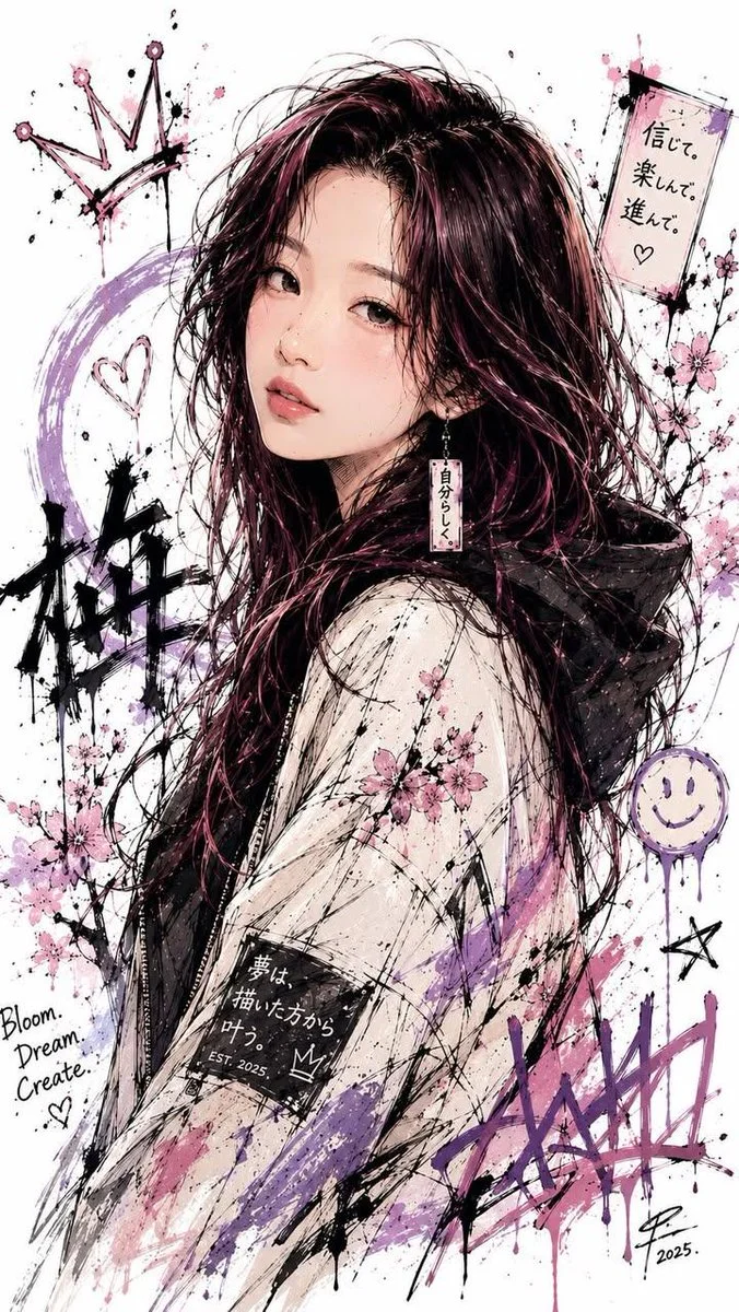 A Japanese illustration girl with ink splatters and pastel colors