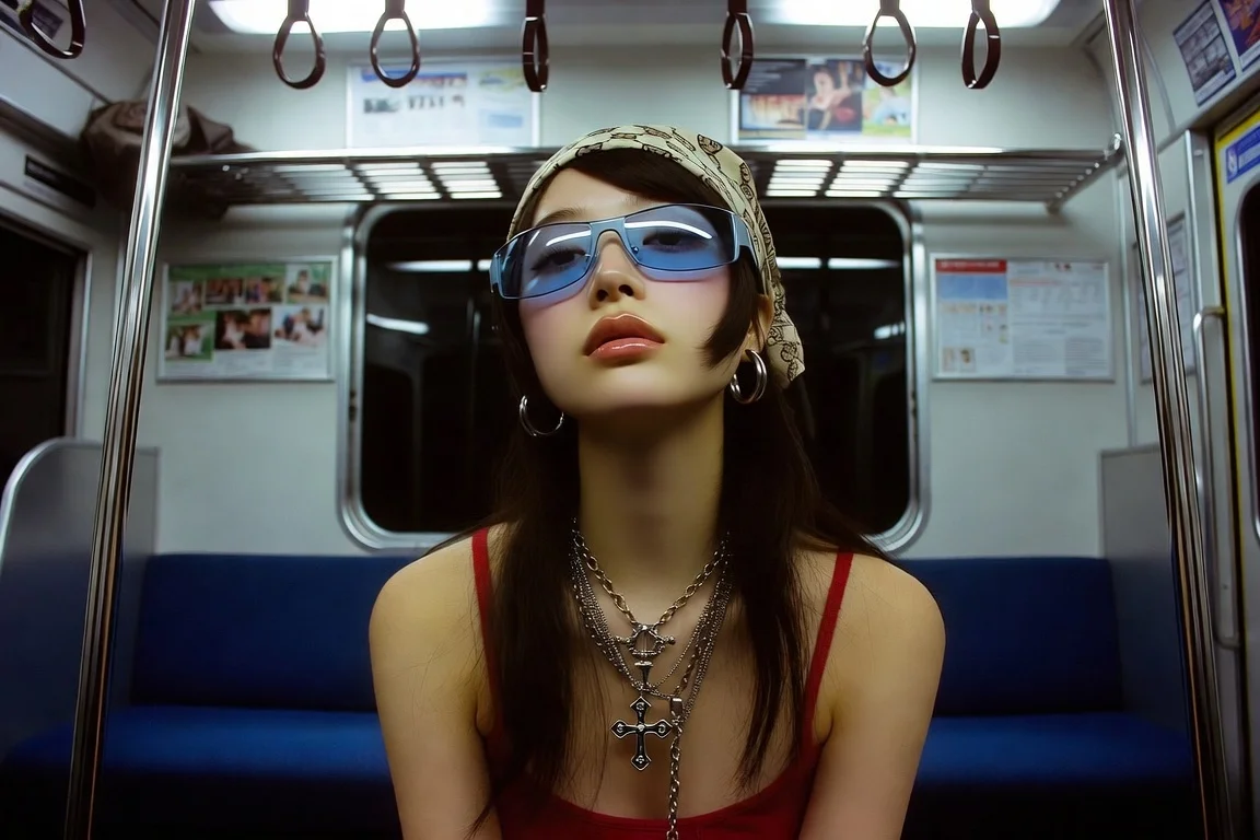 A Japanese model poses in a train with vintage sunglasses