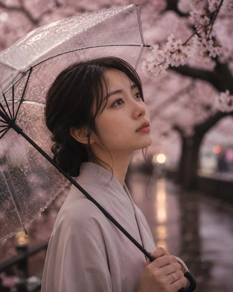 A Japanese woman stands under blooming cherry blossoms in spring rain.