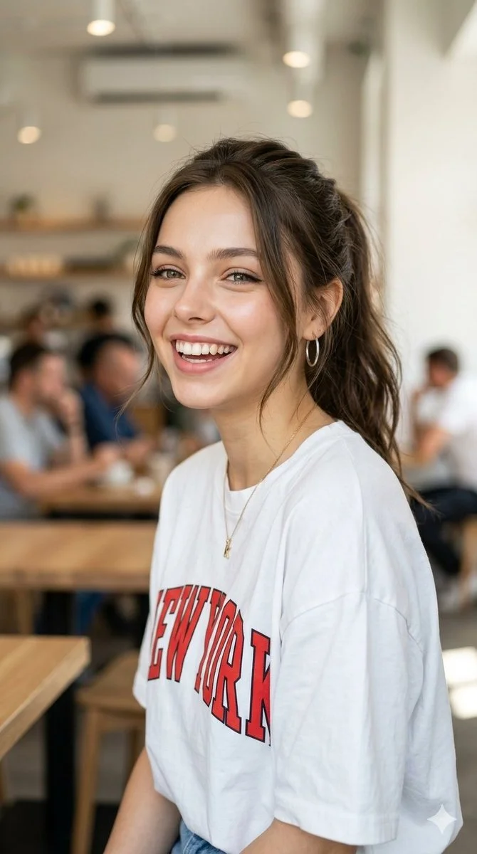A joyful woman in white T-shirt smiles softly in blurred room