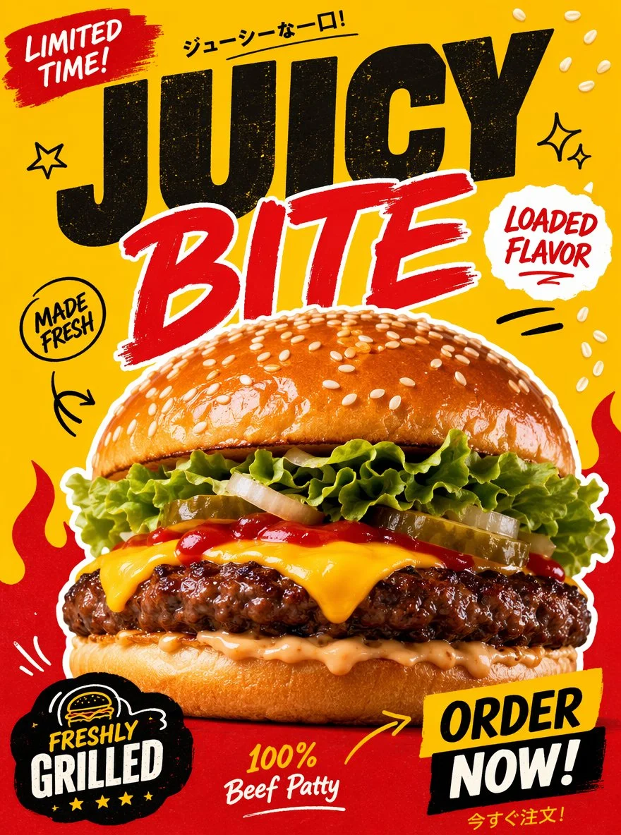 A juicy cheeseburger glows under bright commercial food lighting