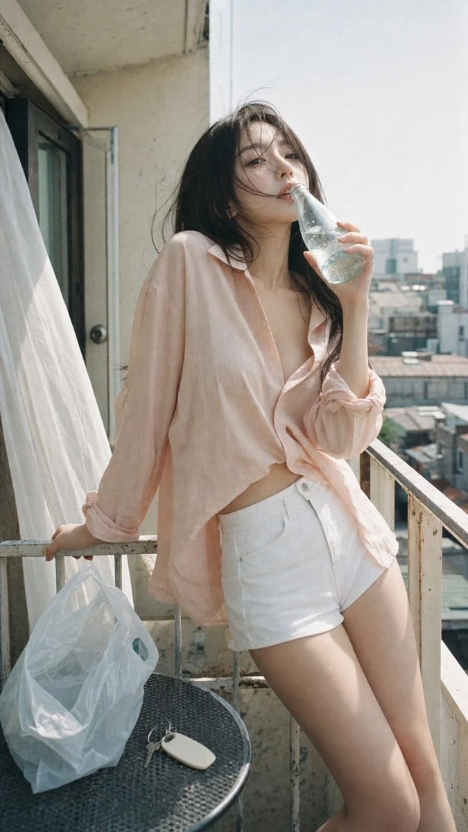 A K-pop idol leans on a motel balcony in summer light