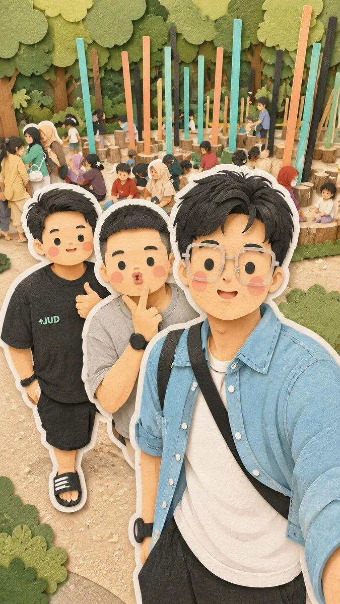 A kawaii family explores a miniature paper-cut travel collage world