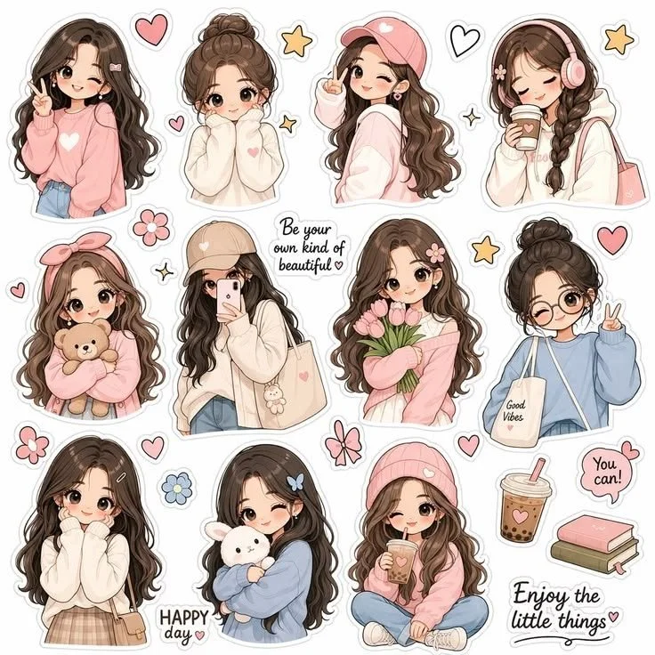 A kawaii sticker sheet transforms the same girl into twelve chibi poses