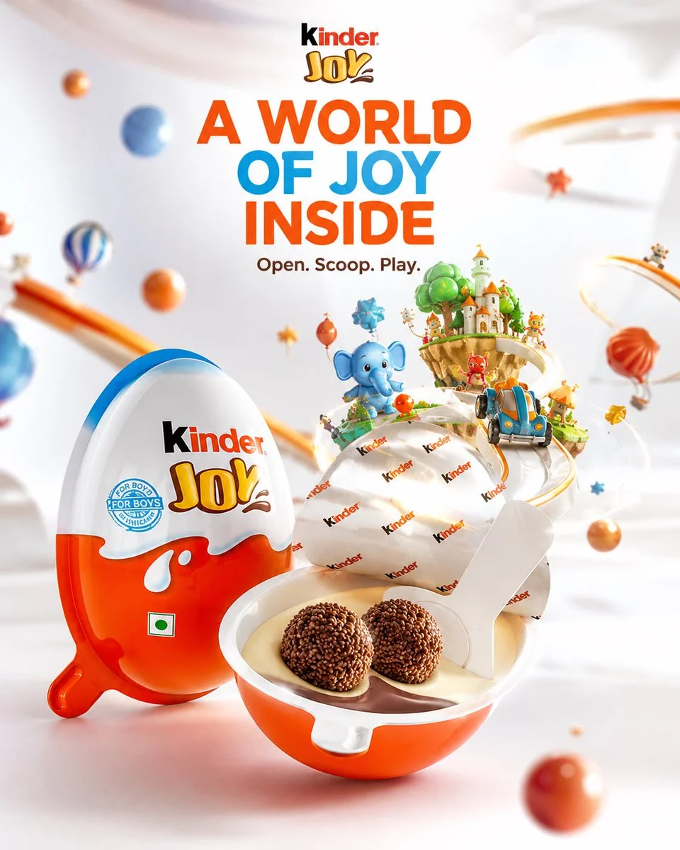 A Kinder Joy egg opens to reveal a whimsical miniature world inside.