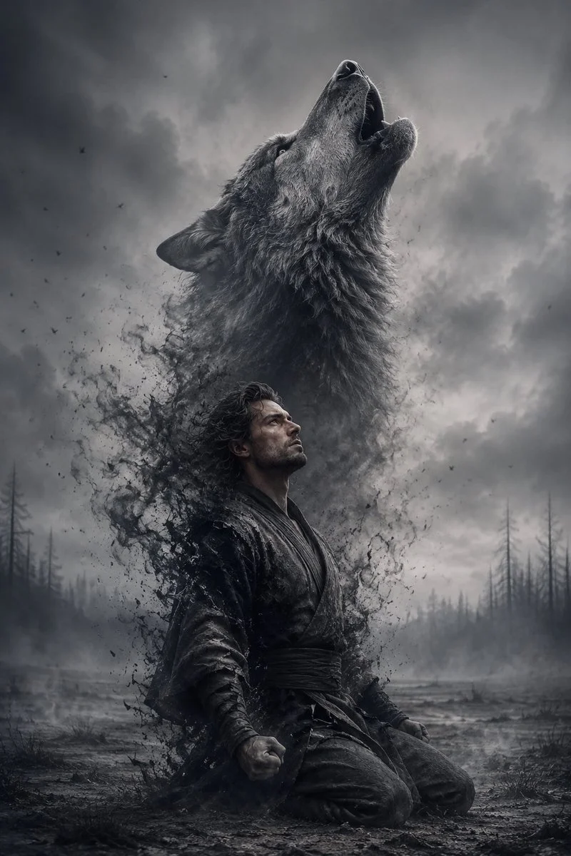 A kneeling man dissolves into smoke while a wolf howls skyward