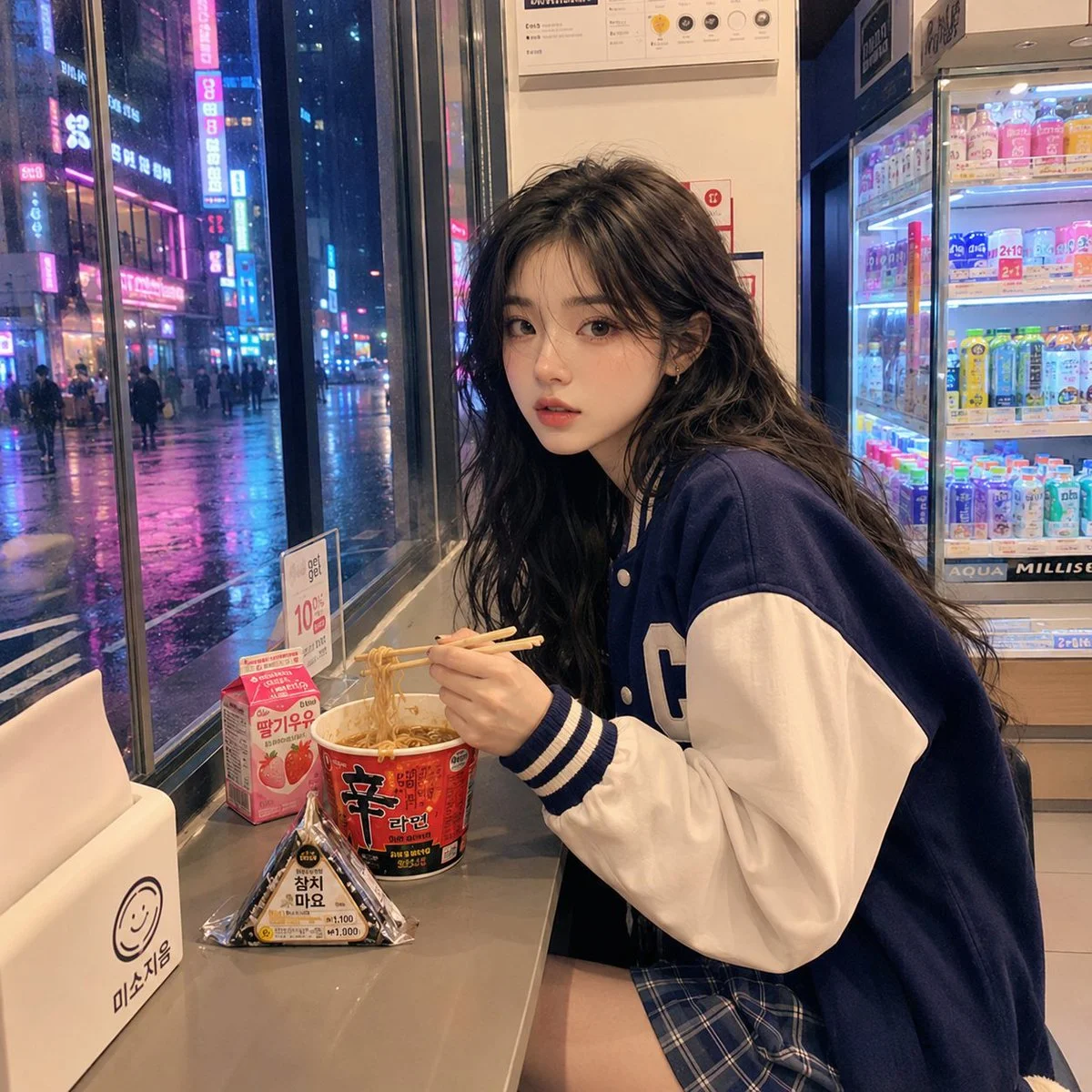 A Korean girl eats ramen in a neon-lit convenience store