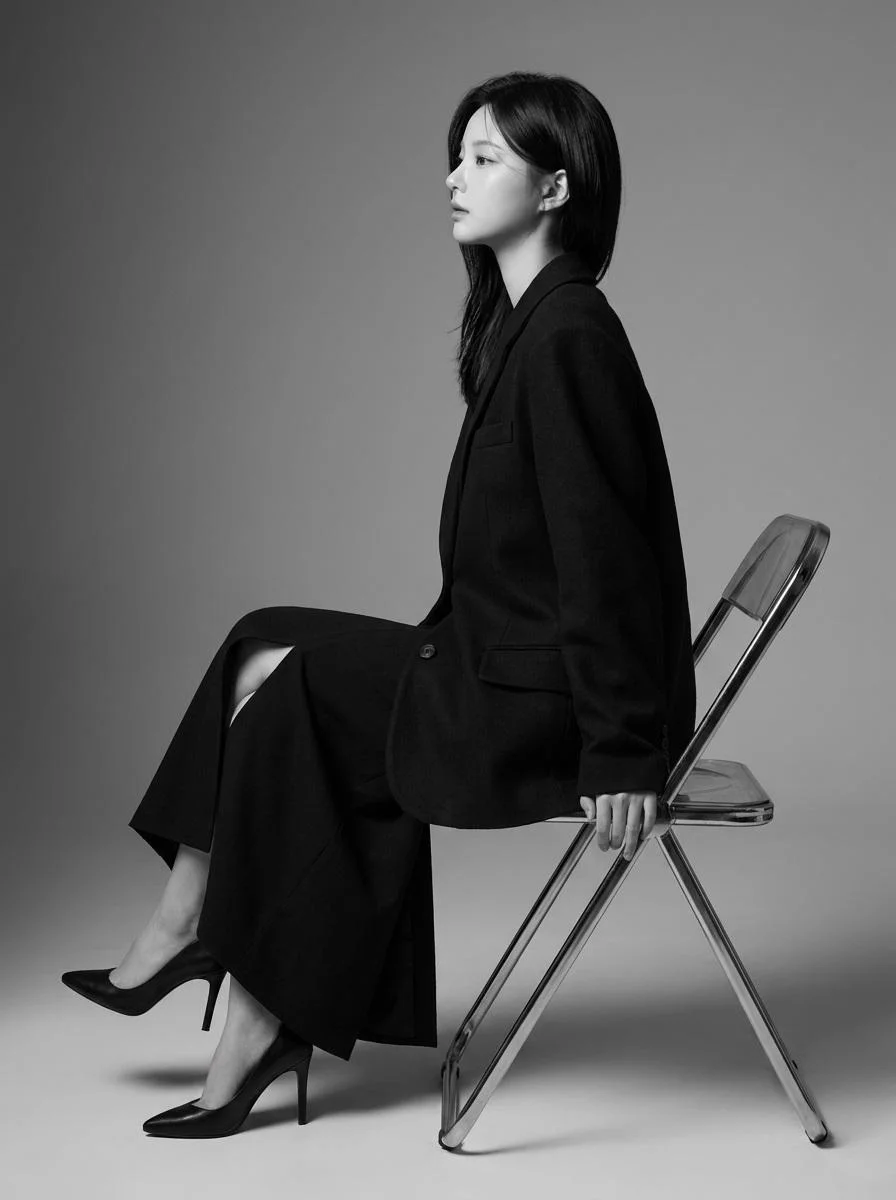 A Korean model in profile wears a tailored blazer and flowing skirt.