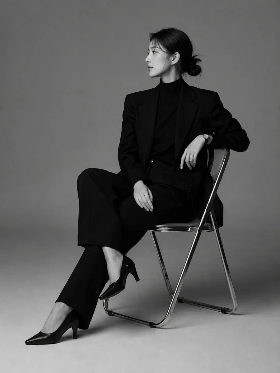 A Korean woman in a black blazer poses sharply in profile