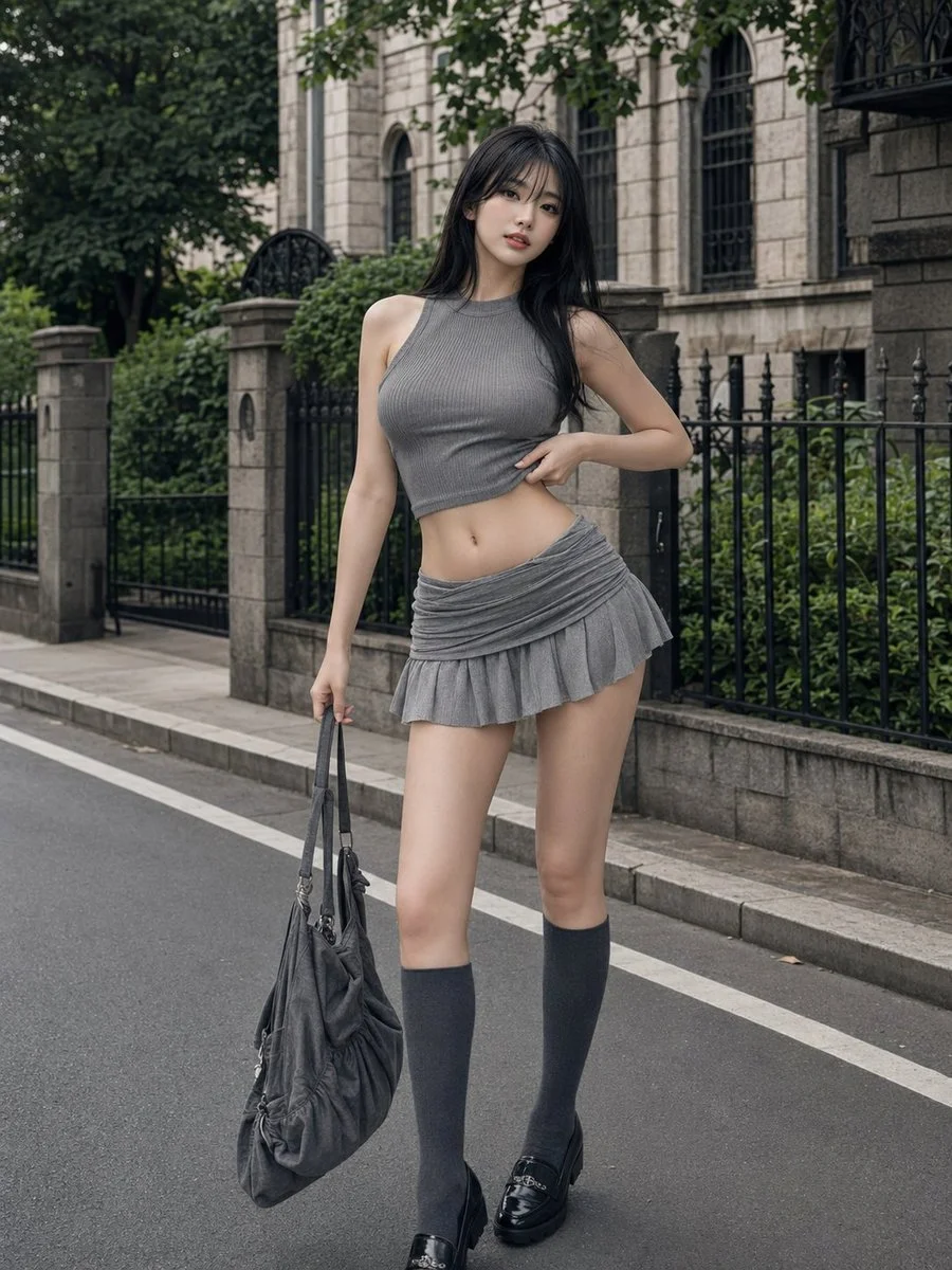A Korean woman in grey crop top poses on urban sidewalk