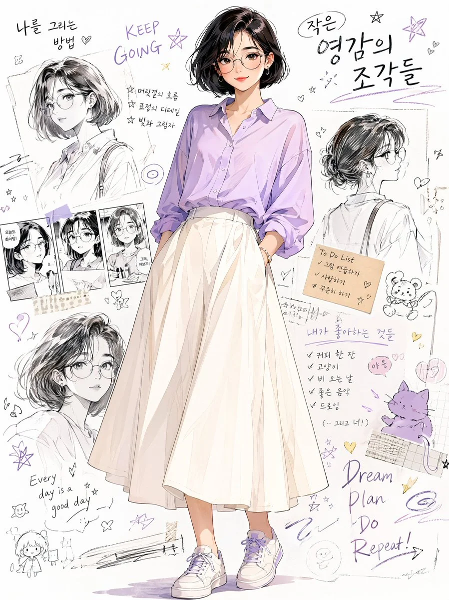 A Korean woman in lilac blouse poses before an artistic collage