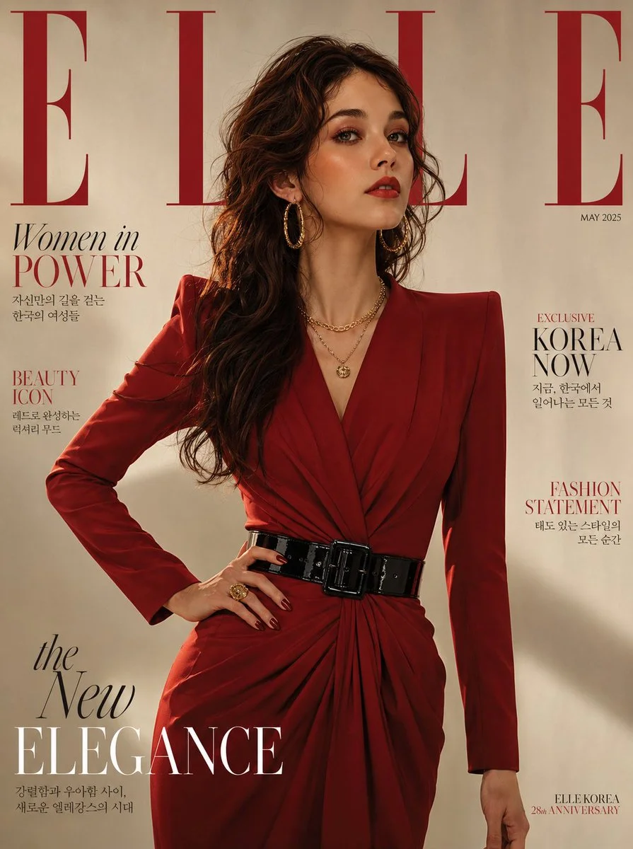 A Korean woman in red power dress commands the cover