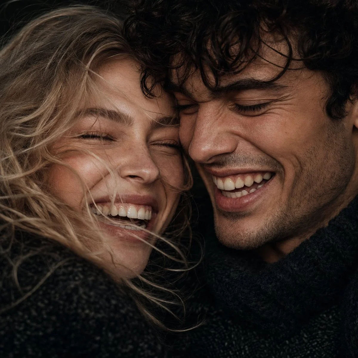 A laughing couple presses faces together in moody macro portrait