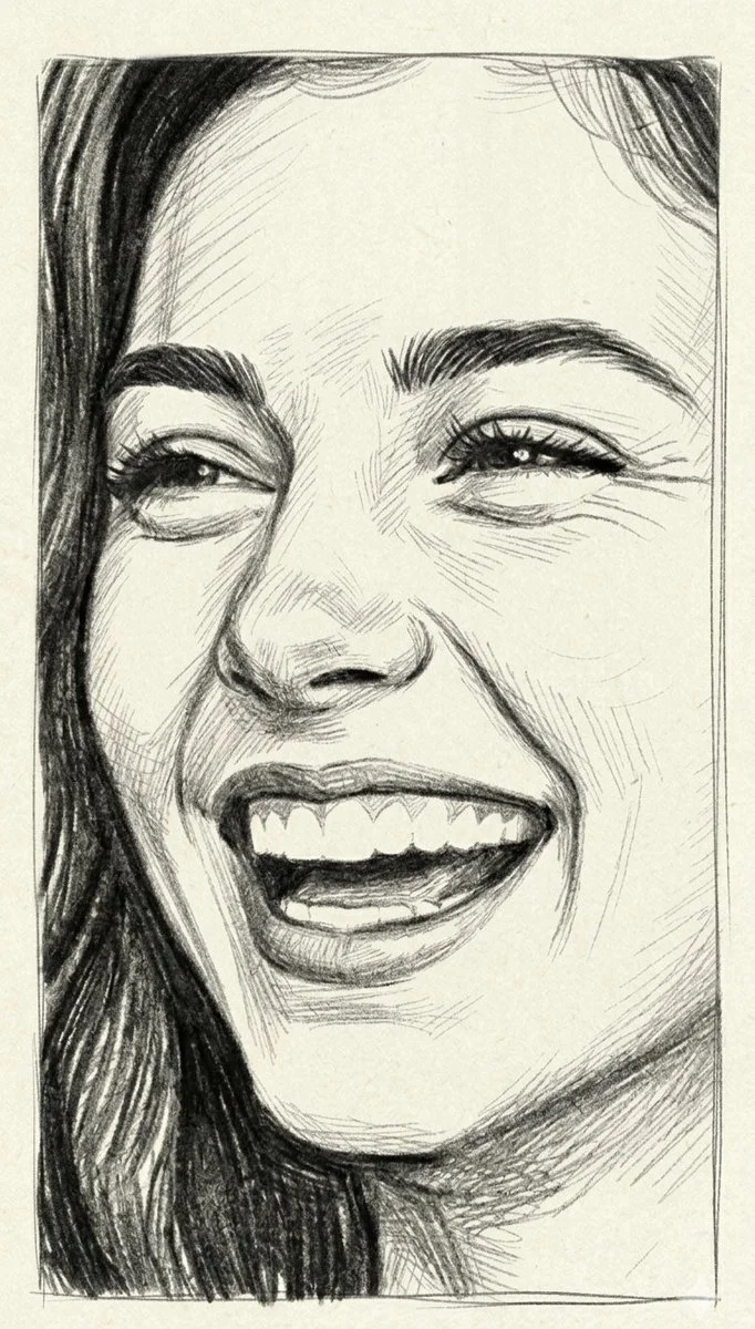A laughing couple shares joy in detailed pencil sketch