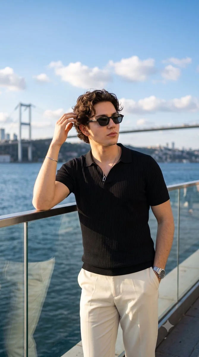 A lean man in ivory trousers leans against a waterfront railing