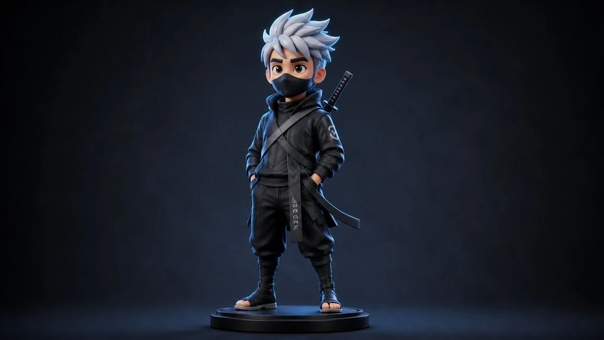A leather-clad hero figurine stands under soft studio lights