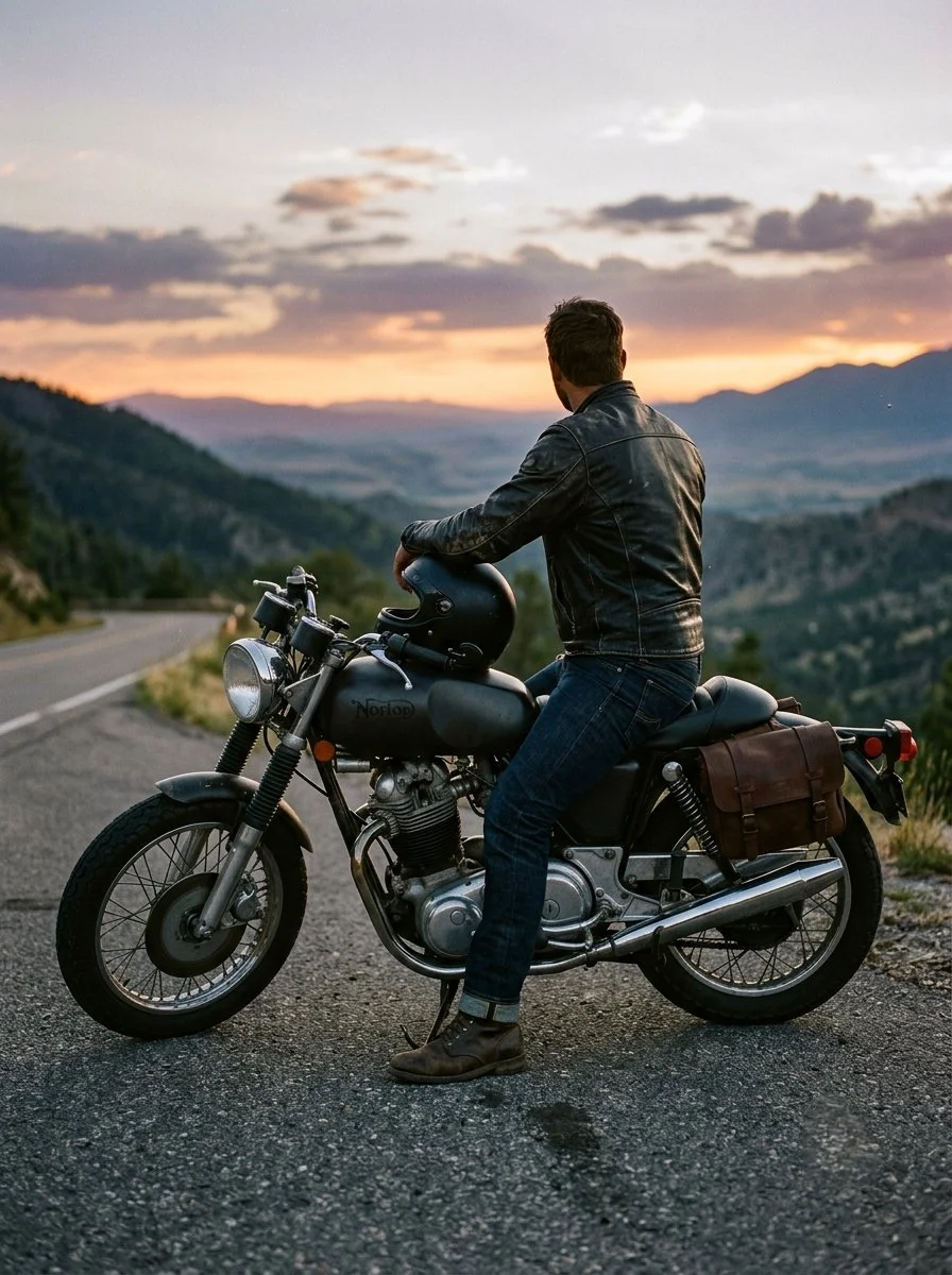 A lone biker leans against a custom café racer at sunset