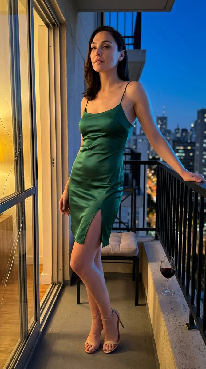 A lone figure in emerald satin pauses on a balcony under city lights
