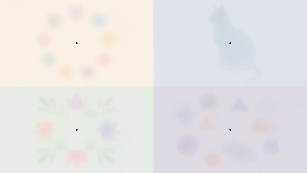 A lone fixation dot on a soft pastel field makes the periphery vanish