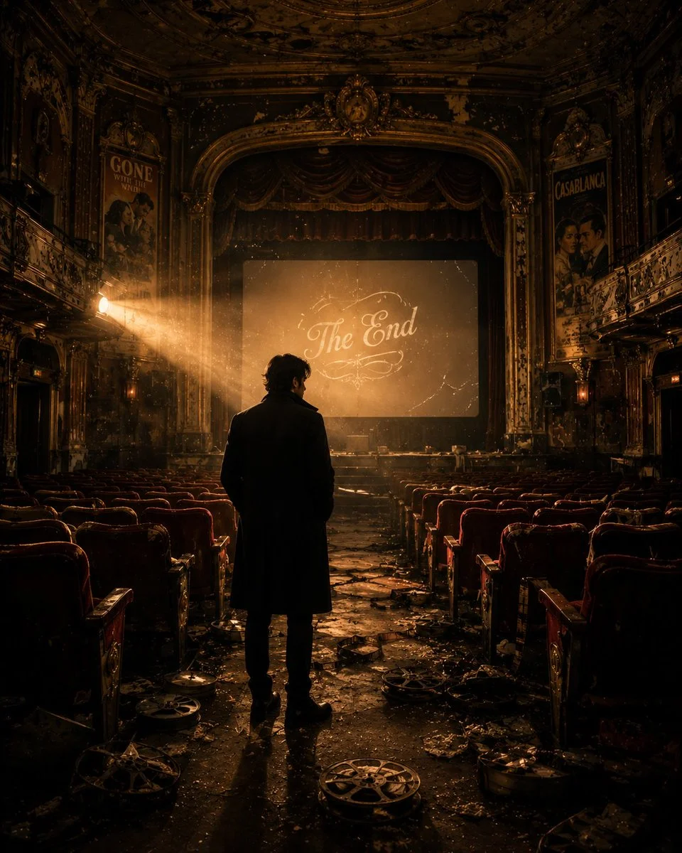 A lone man faces a golden projector beam in an abandoned theater