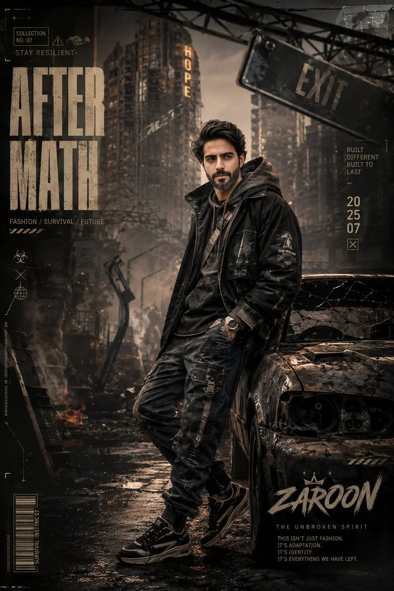 A lone model walks through rubble wearing layered streetwear