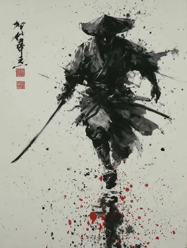 A lone samurai strides through dark ink and shadow.
