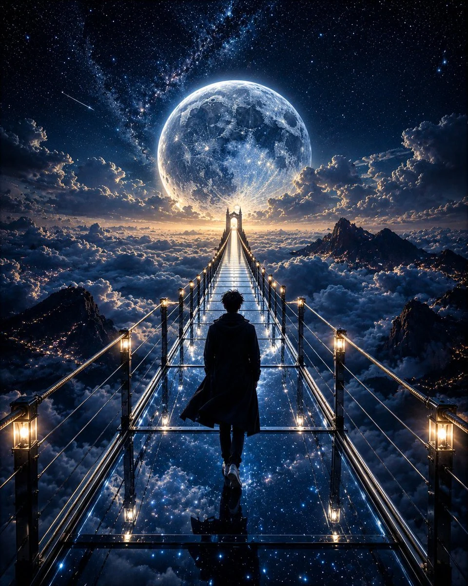 A lone traveler crosses a glowing glass bridge above clouds.